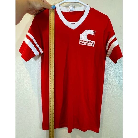 Vintage Style Missoula Red Wave V-Neck Baseball Ringer Women's Shirt Small - Picture 6 of 9